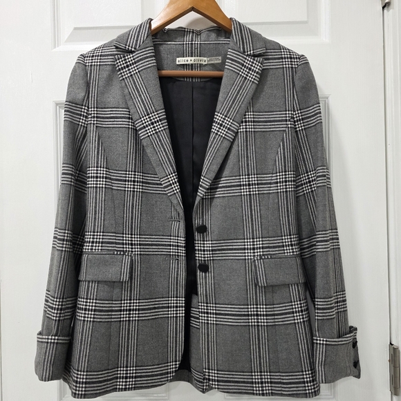 Alice + Olivia Paulene Plaid Wool Blend French Cuff Sparkle Blazer Size 2 - Picture 4 of 17